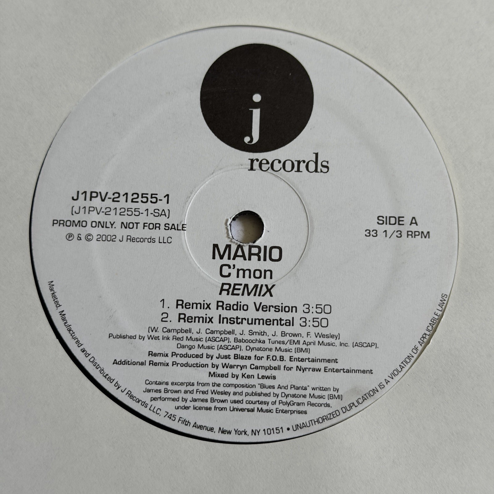Mario~C’mon Remix 12” Promo~J Records~2002 R&B / Hip-Hop / Rap~FAST SHIP OUT